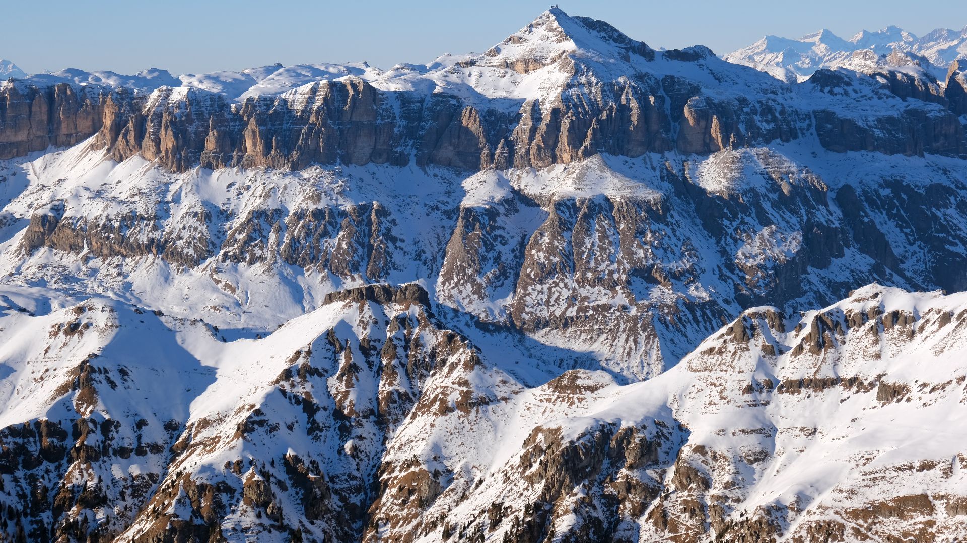 Piz Boè, Sella group seen from Marmolada. The Dolomites, Italy.