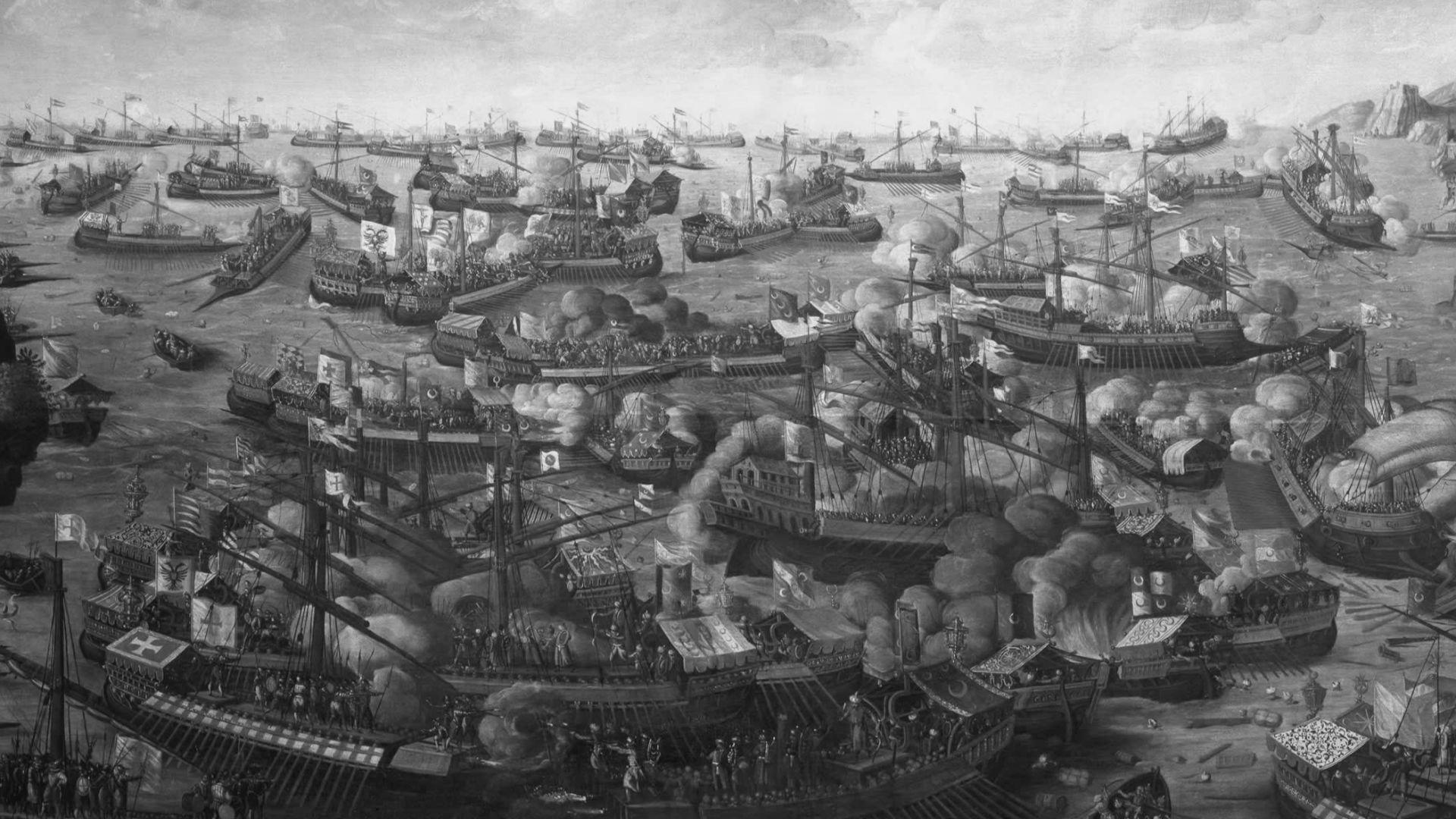 The Battle of Lepanto from 7 October 1571, a naval engagement between allied Christian forces and the Ottoman Turks.
The painting is near-contemporary, but it shows an