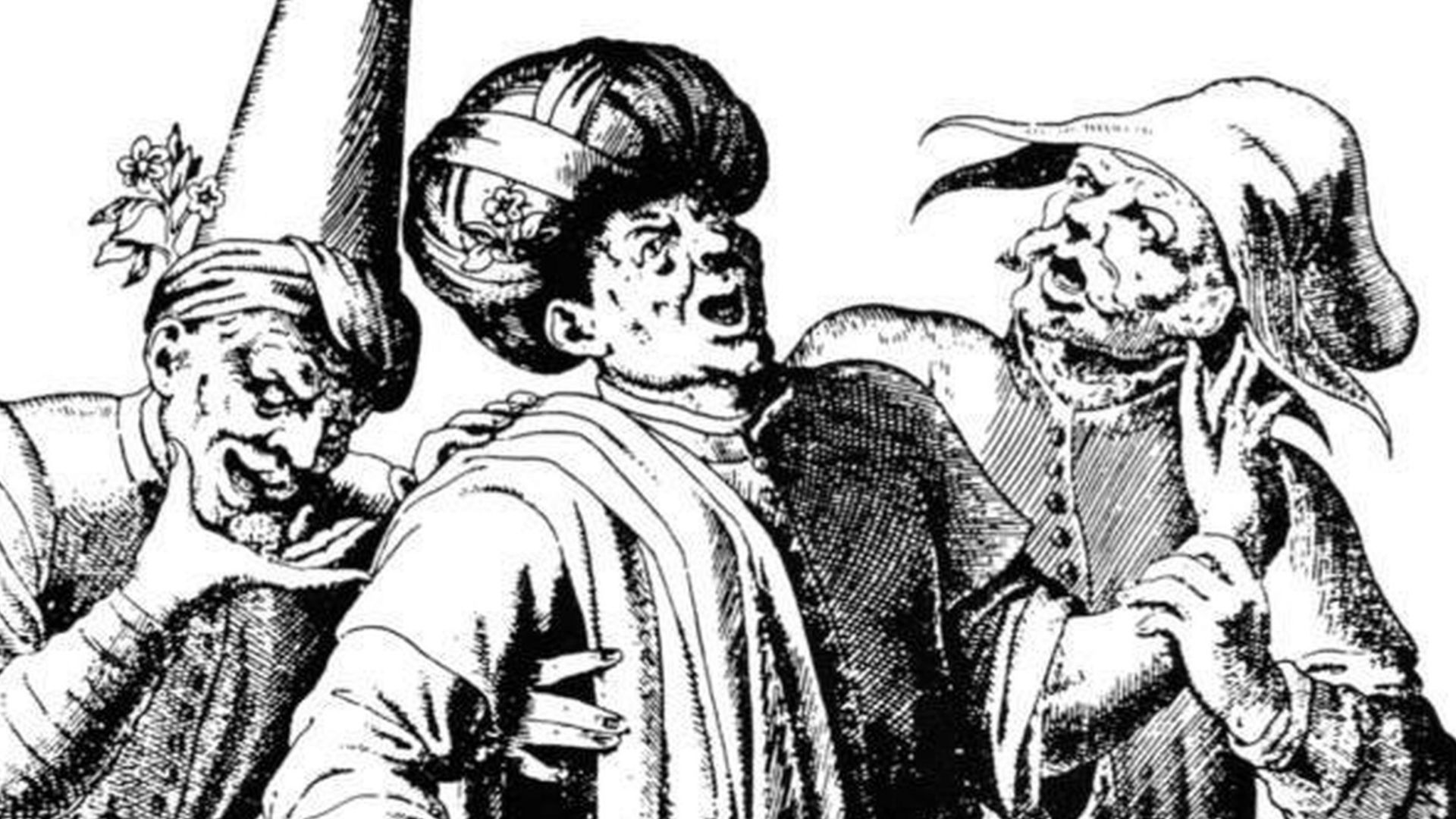 Three English renegade Barbary pirates, pictured during a hard-drinking night out in Algiers circa 1650