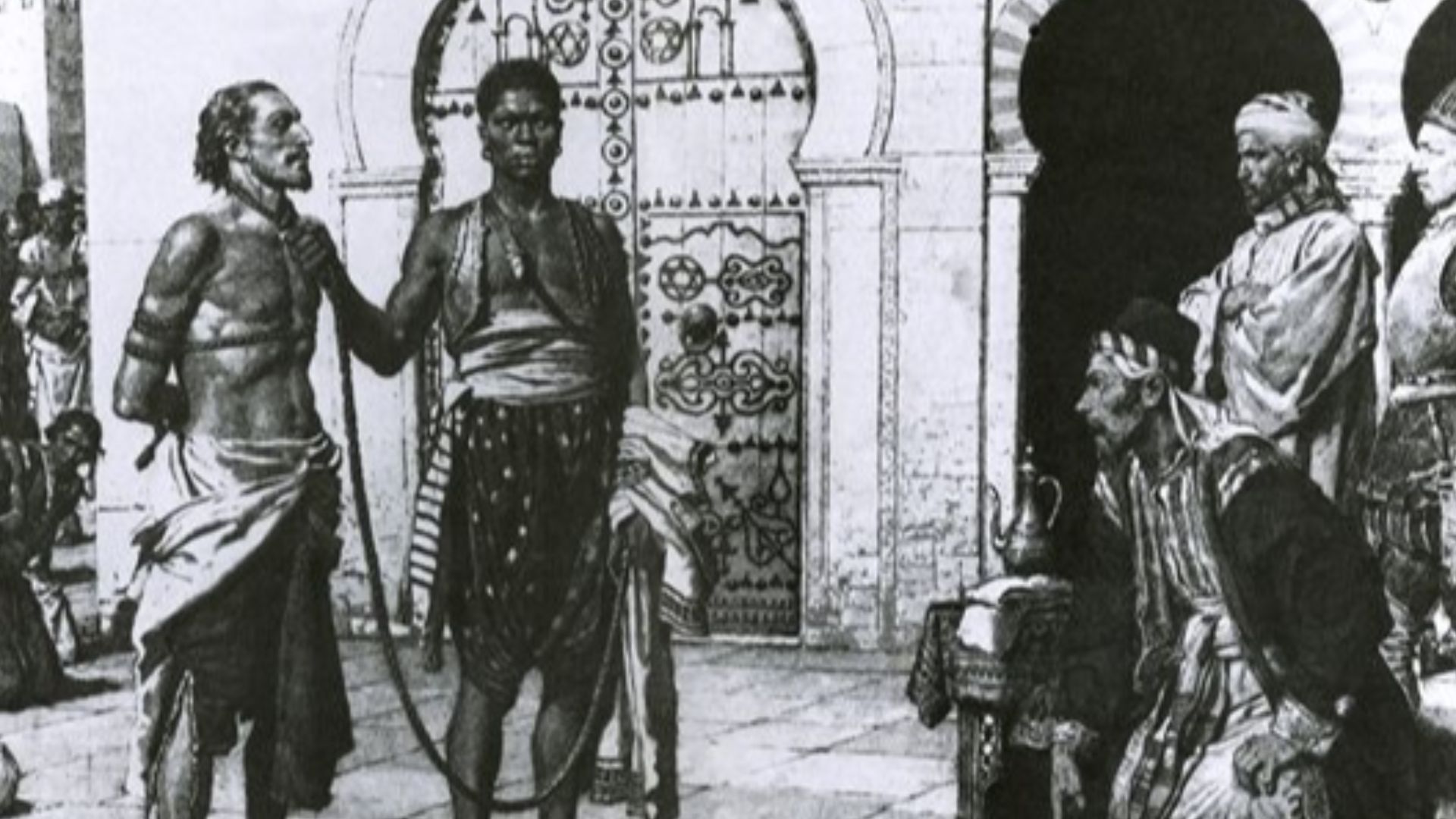 Cervantes brought before Hassan Pasha, the king of Algiers