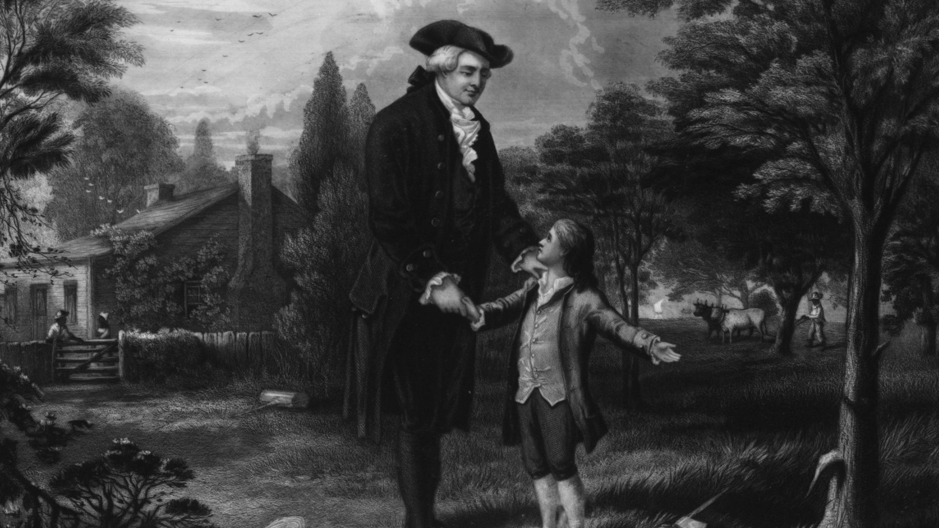 George Washington, as a boy, telling his father Augustine Washington that it was he who cut down the cherry tree. This lithograph was engraved in 1867 by John C. McRae after a painting by G. G. White.