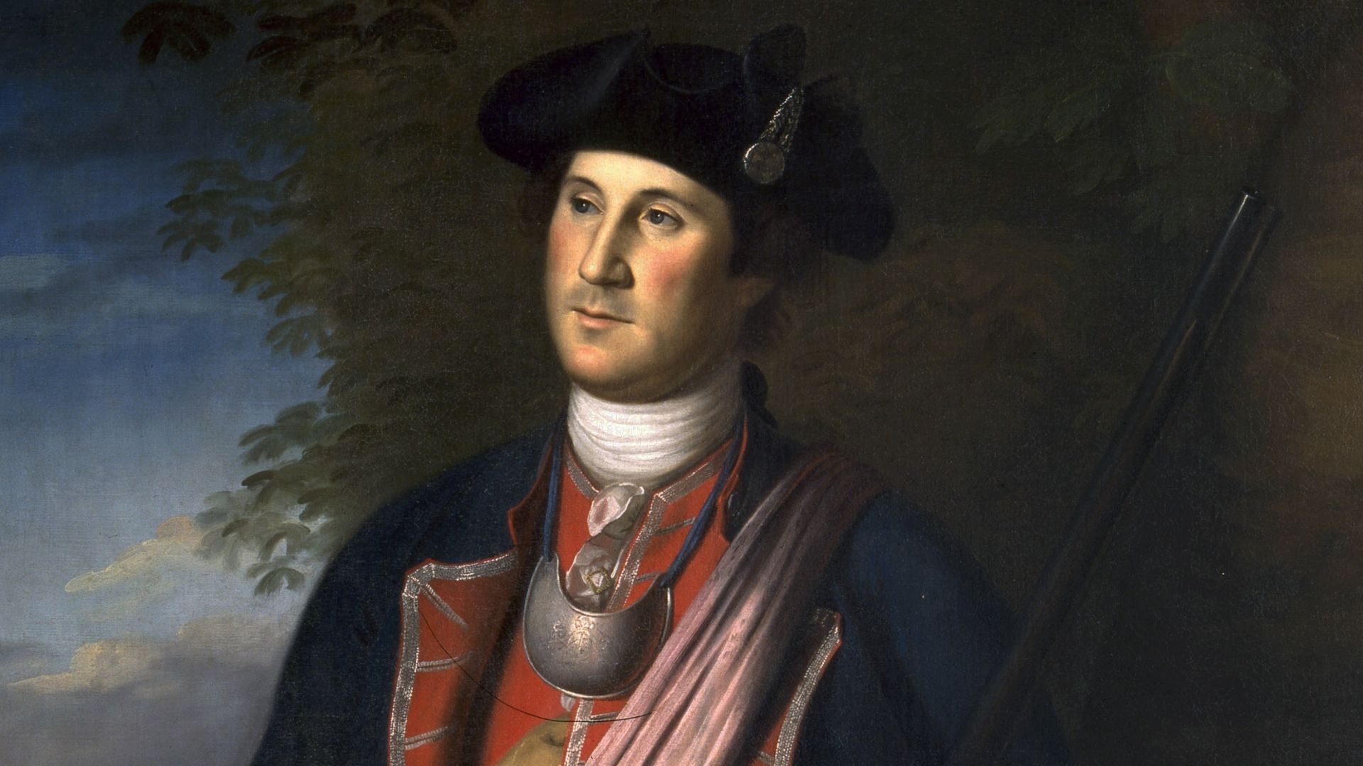 The earliest authenticated portrait of George Washington shows him wearing his colonel's uniform of the Virginia Regiment from the French and Indian War. The portrait was painted about 12 years after Washington's service in that war, and several years before he would reenter military service in the American Revolution. Oil on canvas.