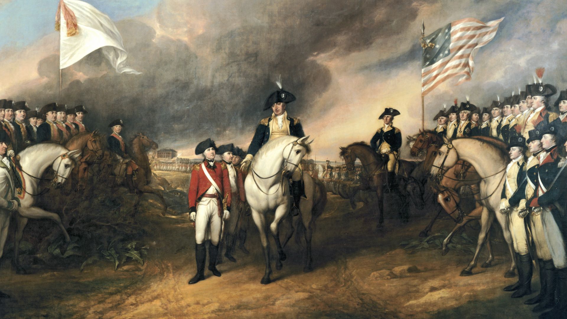 This painting depicts the forces of British Major General Charles Cornwallis, 1st Marquess Cornwallis (1738–1805) (who was not himself present at the surrender), surrendering to French and American forces after the Siege of Yorktown (September 28 – October 19, 1781) during the American Revolutionary War. The central figures depicted are Generals Charles O'Hara and Benjamin Lincoln. The United States government commissioned Trumbull to paint patriotic paintings, including this piece, for them in 1817, paying for the piece in 1820.