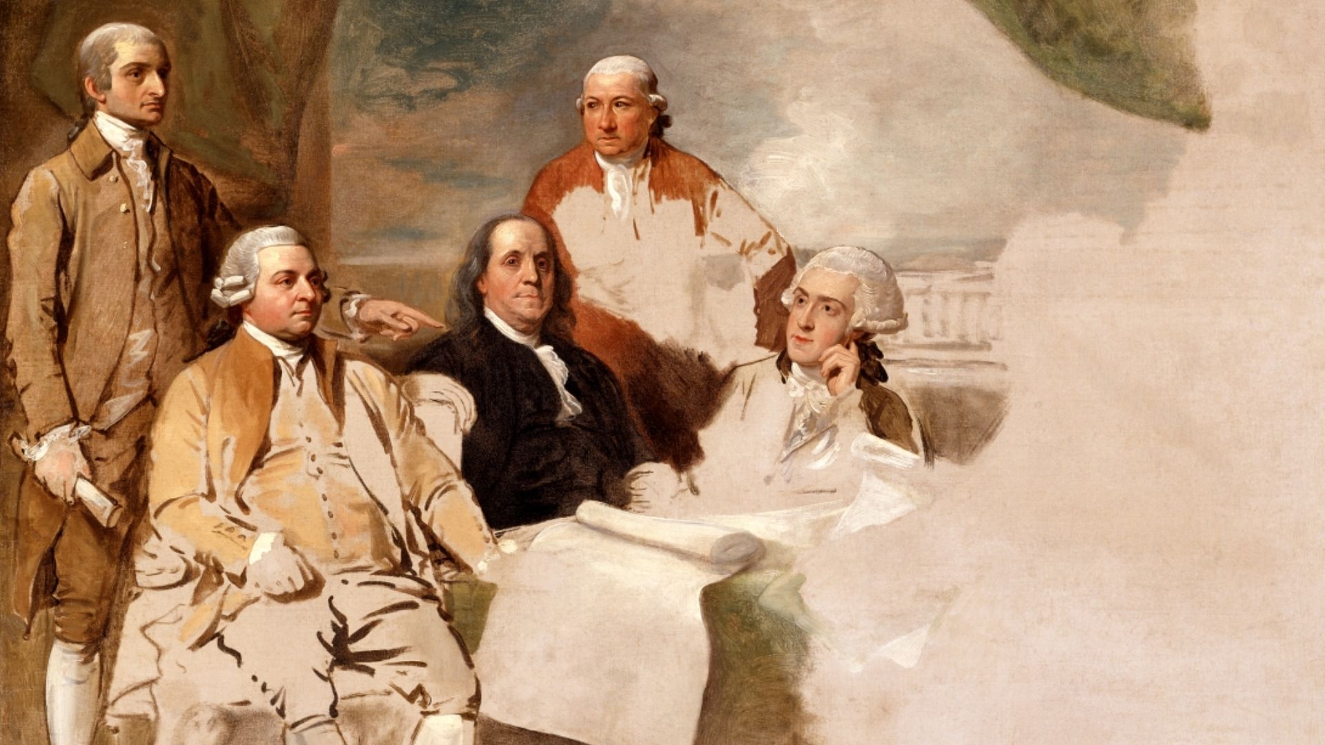 Benjamin West, American Commissioners of the Preliminary Peace Agreement with Great Britain, 1783-1784, London, England. (oil on canvas, unfinished sketch), Winterthur Museum, Winterthur, Delaware, gift of Henry Francis du Pont. From left to right: John Jay, John Adams, Benjamin Franklin, Henry Laurens, and William Temple Franklin. The British commissioners refused to pose, and the picture was never finished.