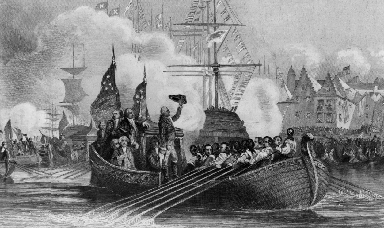 George Washington (1732 - 1799), the 1st President of the United States of America. He was elected President in 1789 and re-elected in 1793. Here he is arriving to attend a reception in New York.