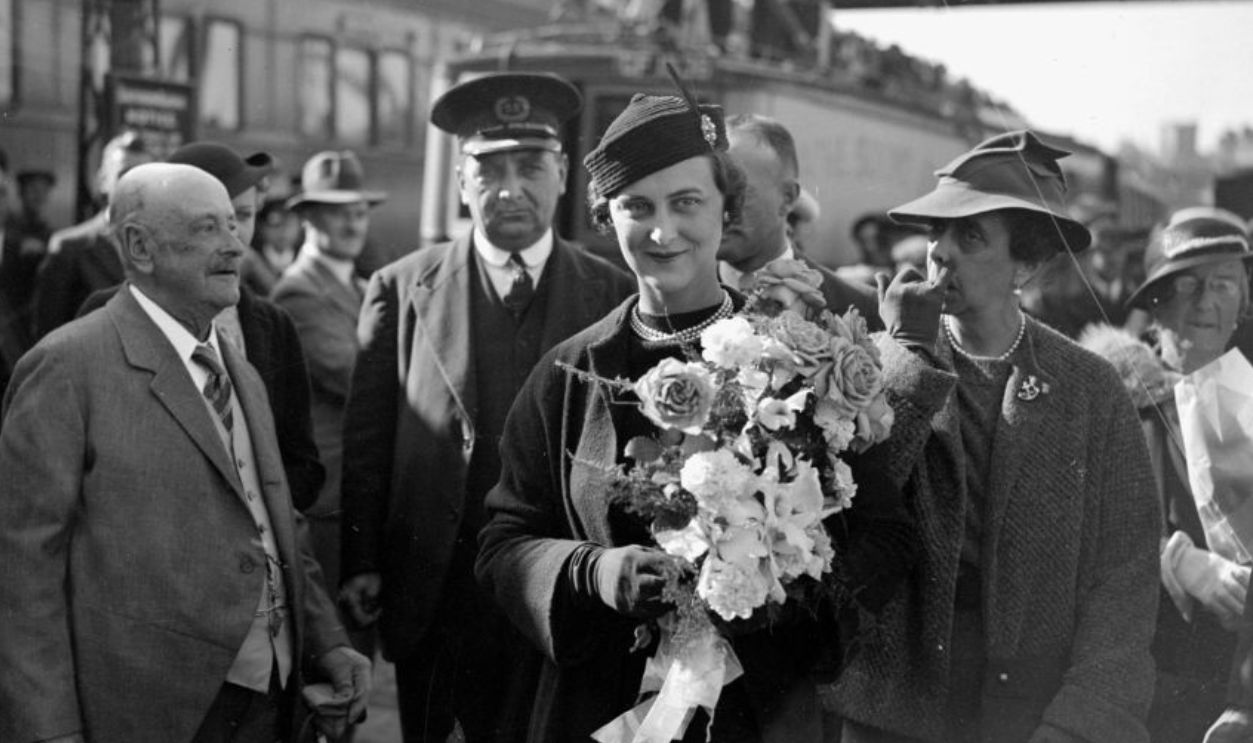 Marina, Princess of Greece and Denmark, is greeted by crowds on her arrival at the English port of Folkestone. She is to marry the Duke of Kent in November. 
