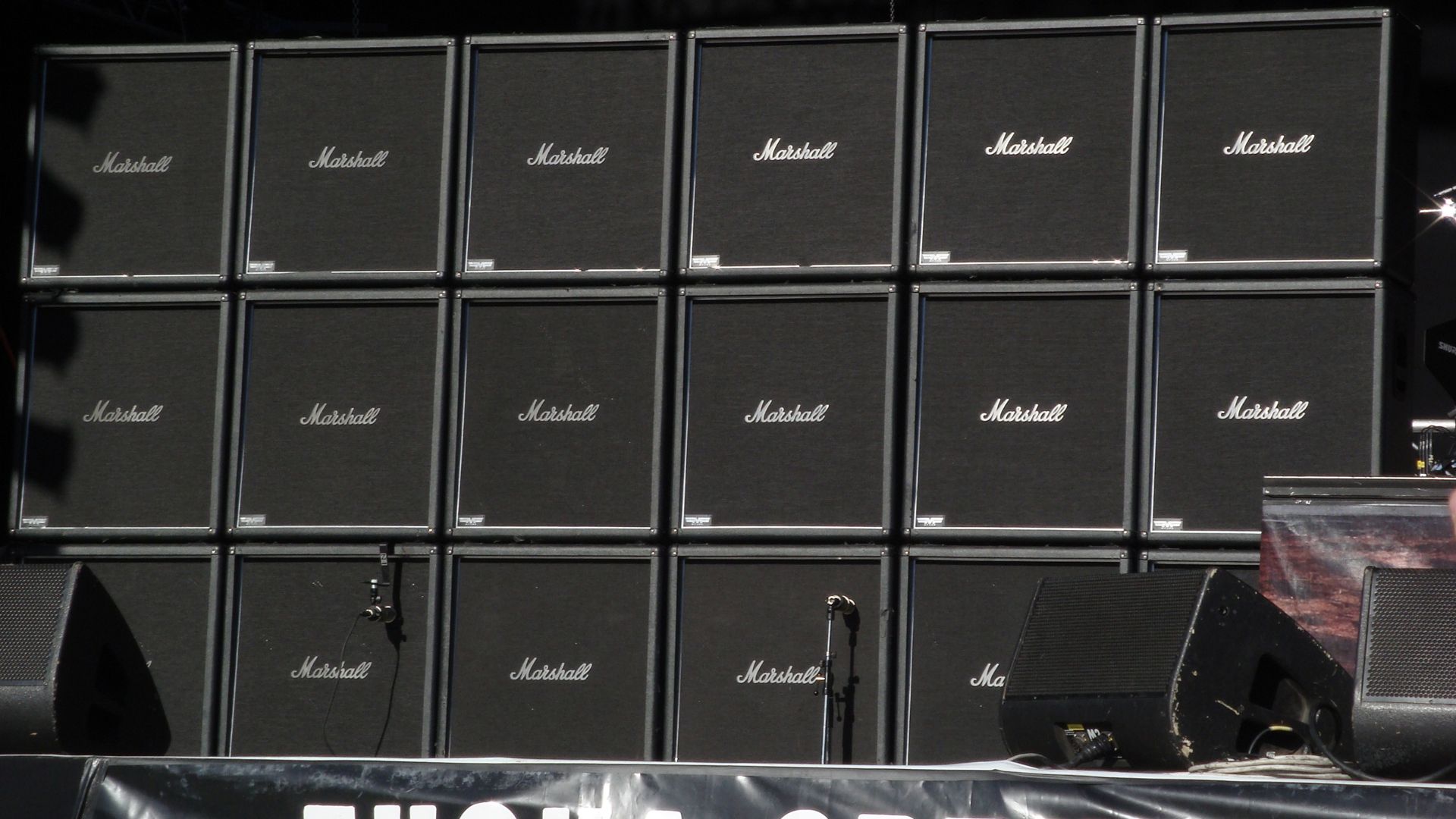 A 3 x 6 stack of Marshall guitar cabinets (the setup of Jeff Hanneman from Slayer) on the Tuska open air metal festival main stage in 2008