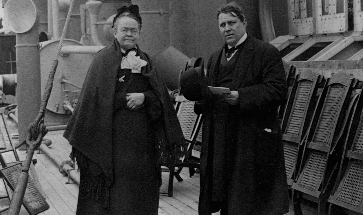 Temperance Leader Carry Nation Temperance leader Carry Nation on the deck of a ship with an unidentified man.