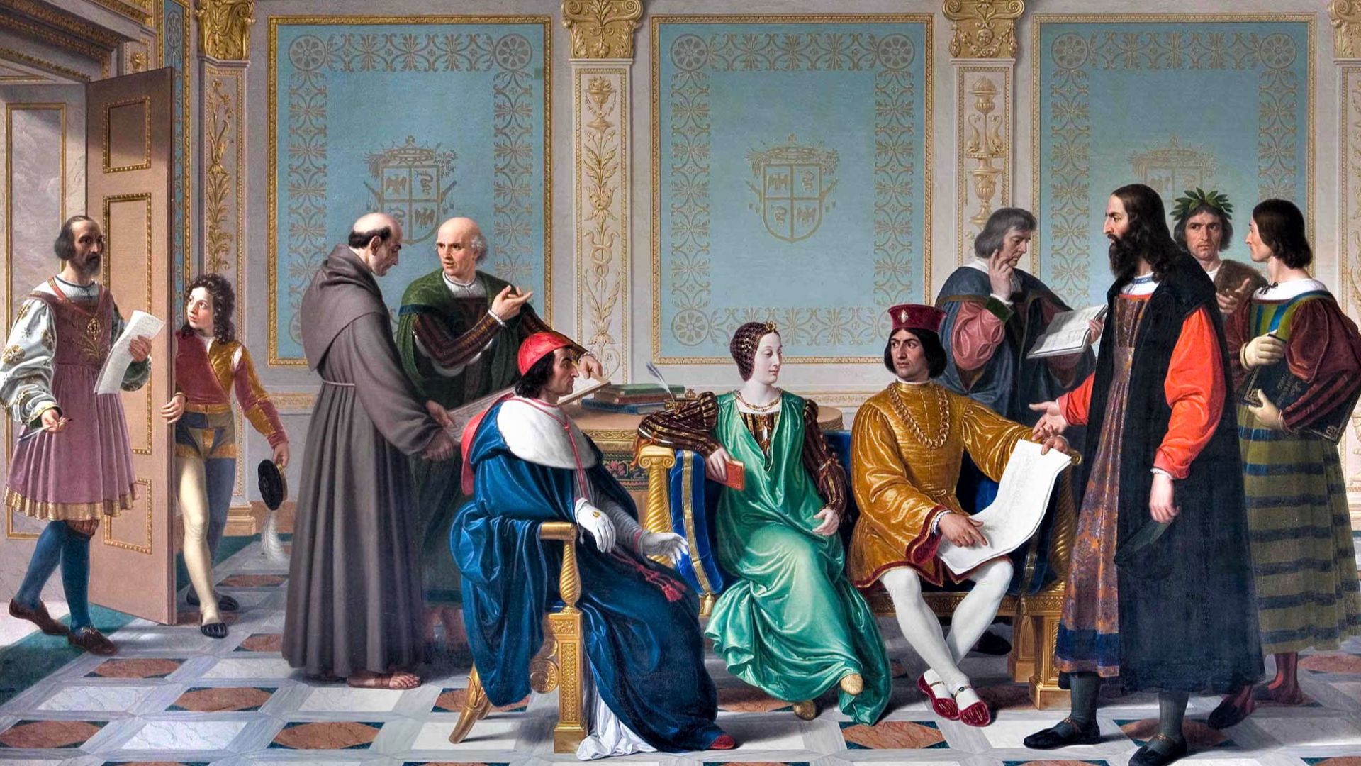 THE COURT OF LUDOVICO IL MORO by Giuseppe Diotti (1823). From the left: a page opens the door to the secretary Bartolomeo Calco. At the centre of the scene are seated Cardinal Ascanio, Duchess Beatrice and Duke Ludovico, to whom Leonardo da Vinci is showing the project for the fresco of the Last Supper. Around them are some other great personalities of the court: on the left Bramante speaks with the mathematician Fra' Luca Pacioli; on the right the musician Franchino Gaffurio, who is reading a score, the poet Bernardo Bellincioni, crowned with laurel, and the historian Bernardino Corio, with his Historia di Milano under his arm.
