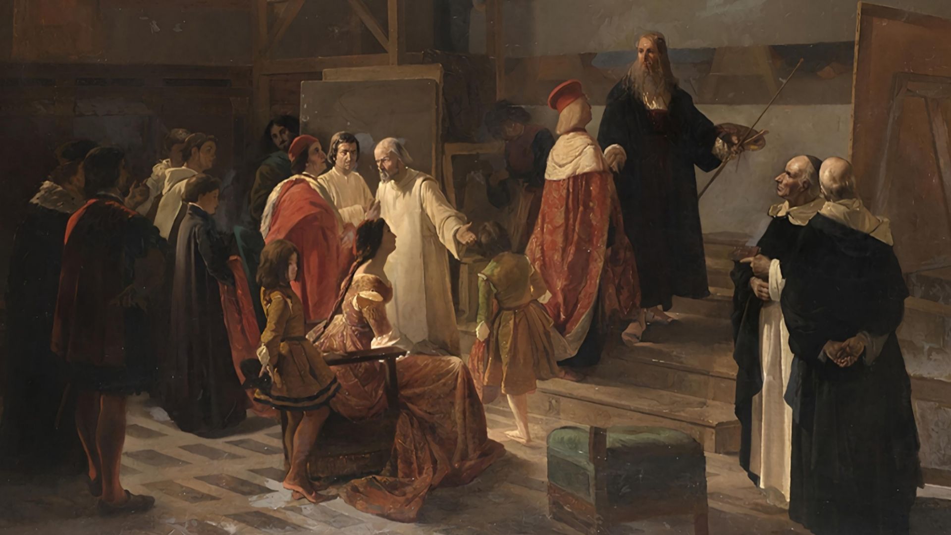 Ludovico il Moro in visita a Leonardo da Vinci nel Refettorio del Convento di Santa Maria delle Grazie, metà del XIX secolo. Cornienti Cherubino (1816-1860). Dietro il biondo Moro anche la duchessa Beatrice e il cardinale Ascanio ammirano assorti l'opera. Dietro quest'ultimo, seminascosto da una grossa tavola, si cela autoritratto lo stesso Cherubino, che guarda verso lo spettatore.