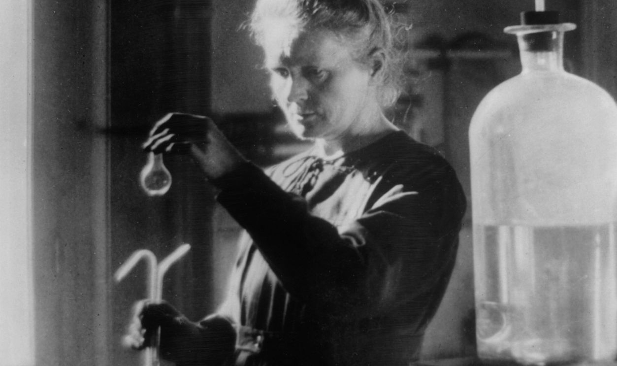 Polish born French physicist Marie Curie (1867 - 1934) in her laboratory. 