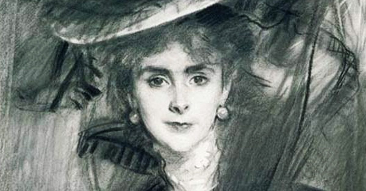 Olga de Meyer portrait, wearing a large hat.