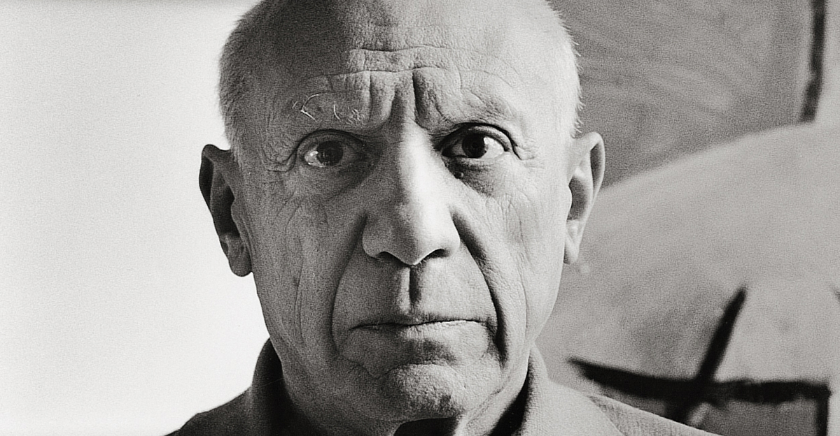 Portrait of Pablo Picasso, looking stern.