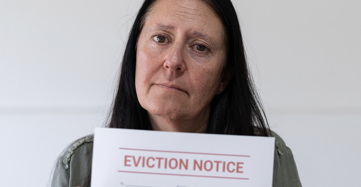 Sad woman looking at the camera and holding an eviction notice. Concept of not paying rent.