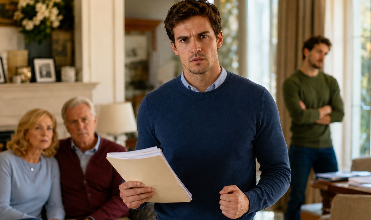 Hurt young man holding legal documents, with his family in the background