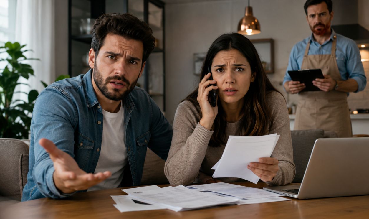 Worried conversation over scattered paperwork