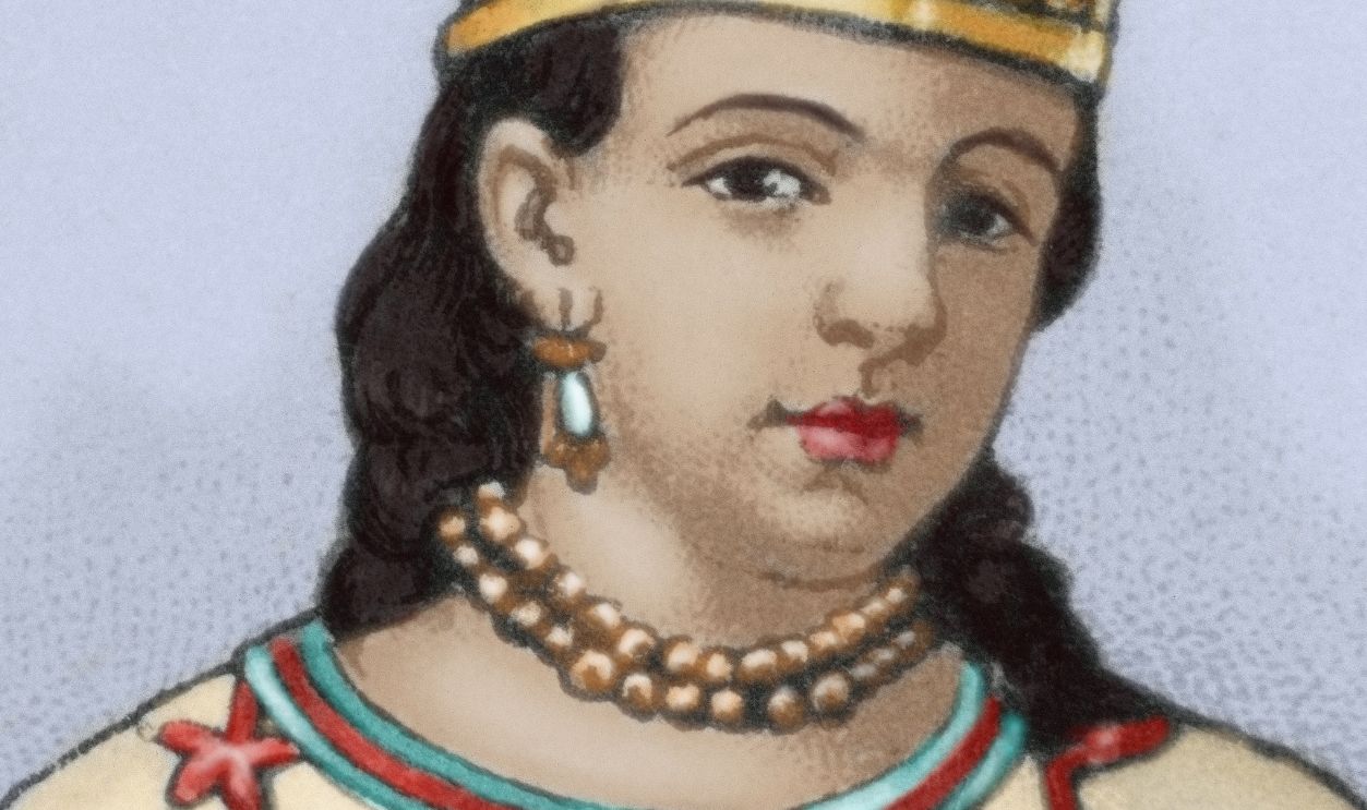  Malinche (c.1496-1529). Colored engraving. Malinche (c.1496-1529). Nahua woman. Interpreter of the spanish conqueror Hernan Cortes. Mexican engraving, 1885. Colored. Library of Catalonia. Barcelona. Spain.