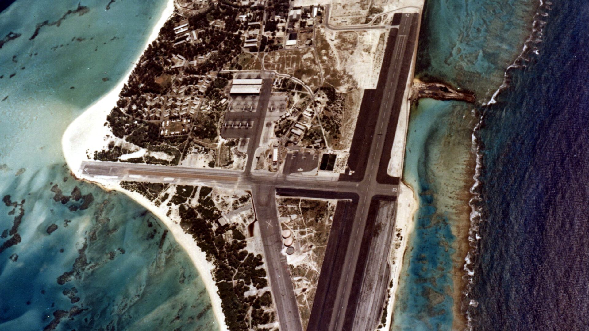 Aerial view of Sand Island, Midway Atoll, 1965-66.