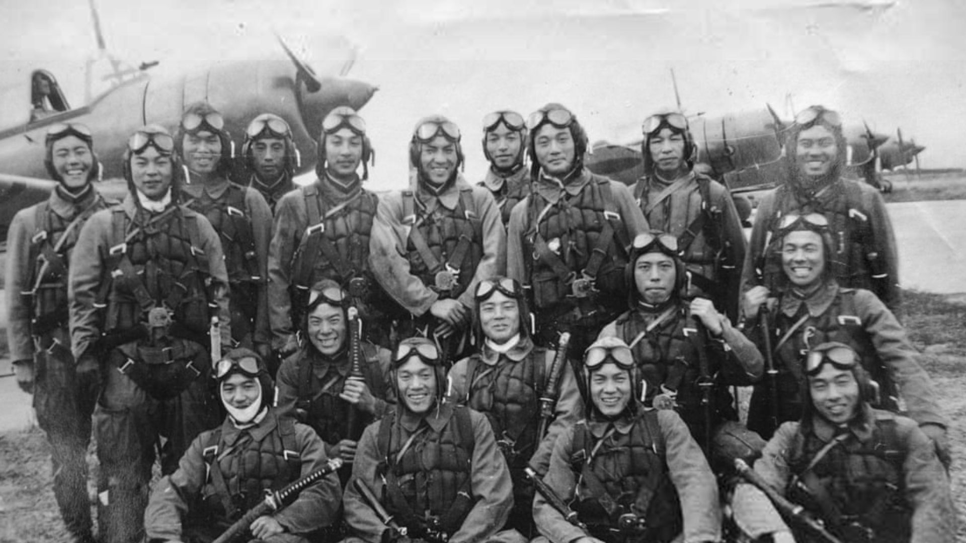 Group photo of Japanese Kamikaze pilots at Chōshi airfield, Japan, 1944. Only 1 of the 18 men in the photo, Toshio Yoshitake, survived the war after his aircraft was shot down by an American fighter aircraft.
