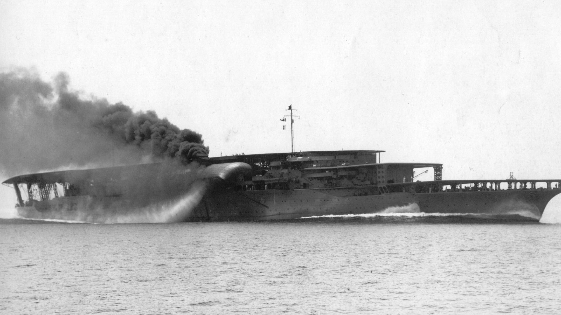 The Imperial Japanese Navy aircraft carrier Akagi undergoing trials off Iyonada, 17 June 1927. Early in her career, she was fitted with three flight decks; the two lower decks were later plated over in a mid-1930s refit.[1]