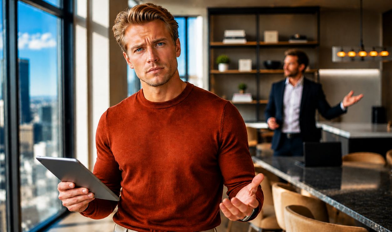 confused and curious man holding a tablet, his friend in the background, in an apartment