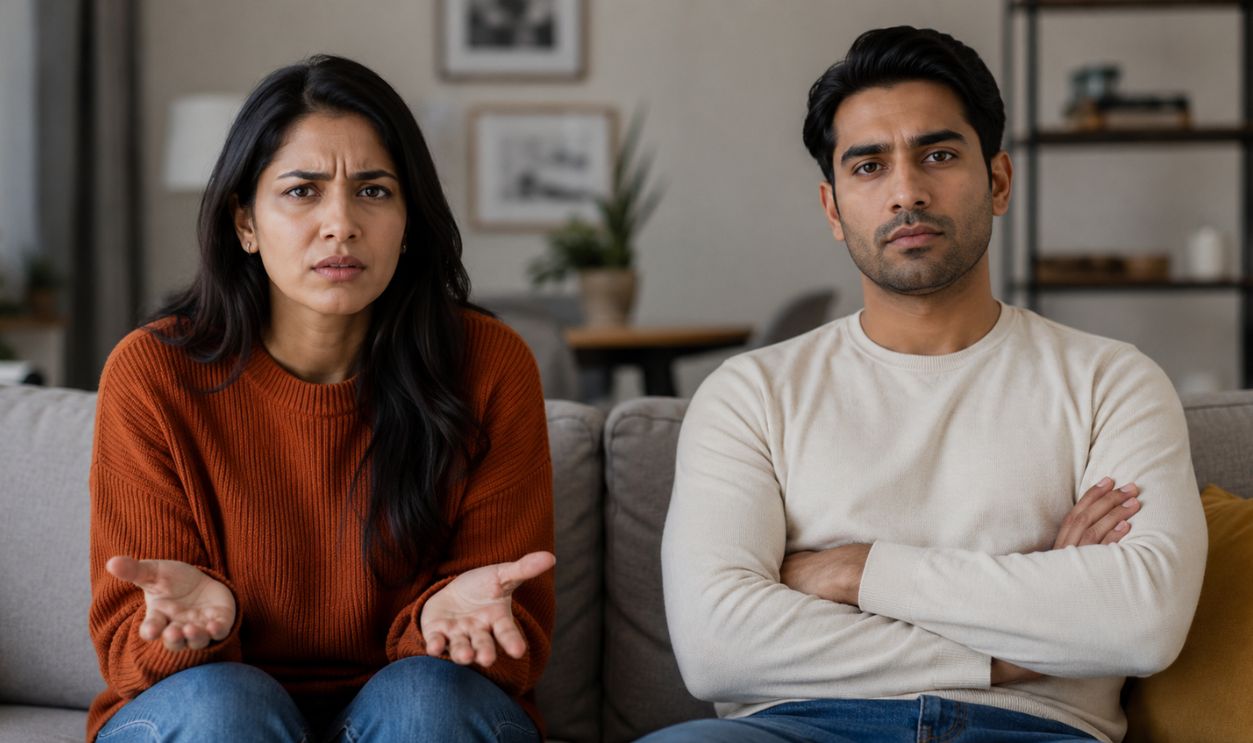 Tension in a cozy living room