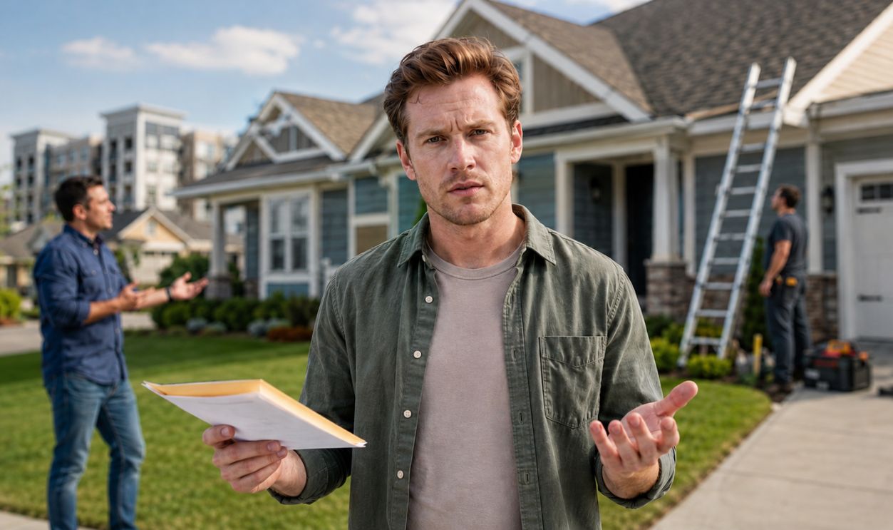 uncertain and thoughtful man holding documents, standing in front of a house undergoing repairs