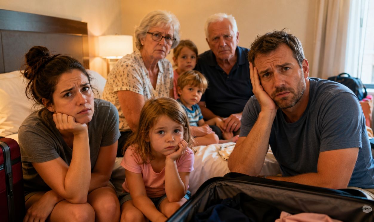 Family portrait in a cozy hotel room