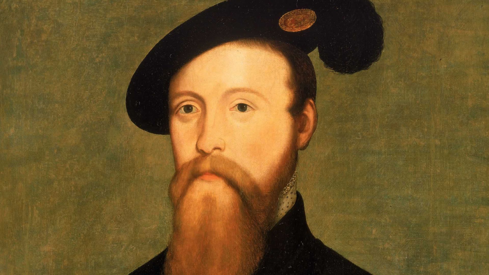 Caption from the museum's website



This half-length portrait shows the sitter turning slightly to the left. Dressed in black, he has a red-brown beard and wears a black plumed hat with the Little George of the Order of the Garter pinned to it. He has be