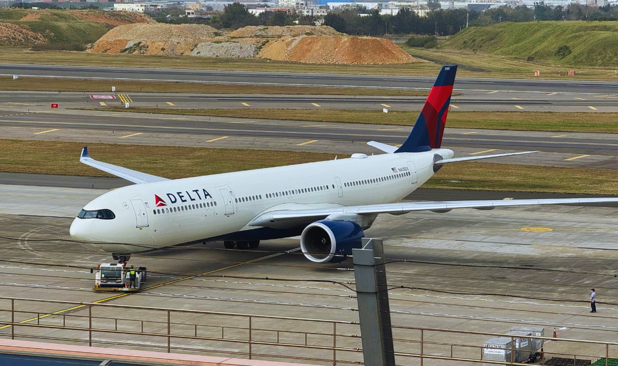 Delta Air Lines Airbus A350 preparing for takeoff at Taiwan Taoyuan International Airport