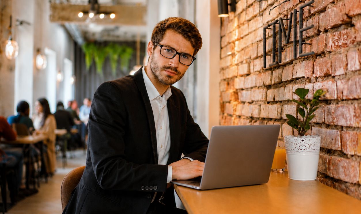 A professional man in a cafe setting taking notes in his planner, concentrating deeply