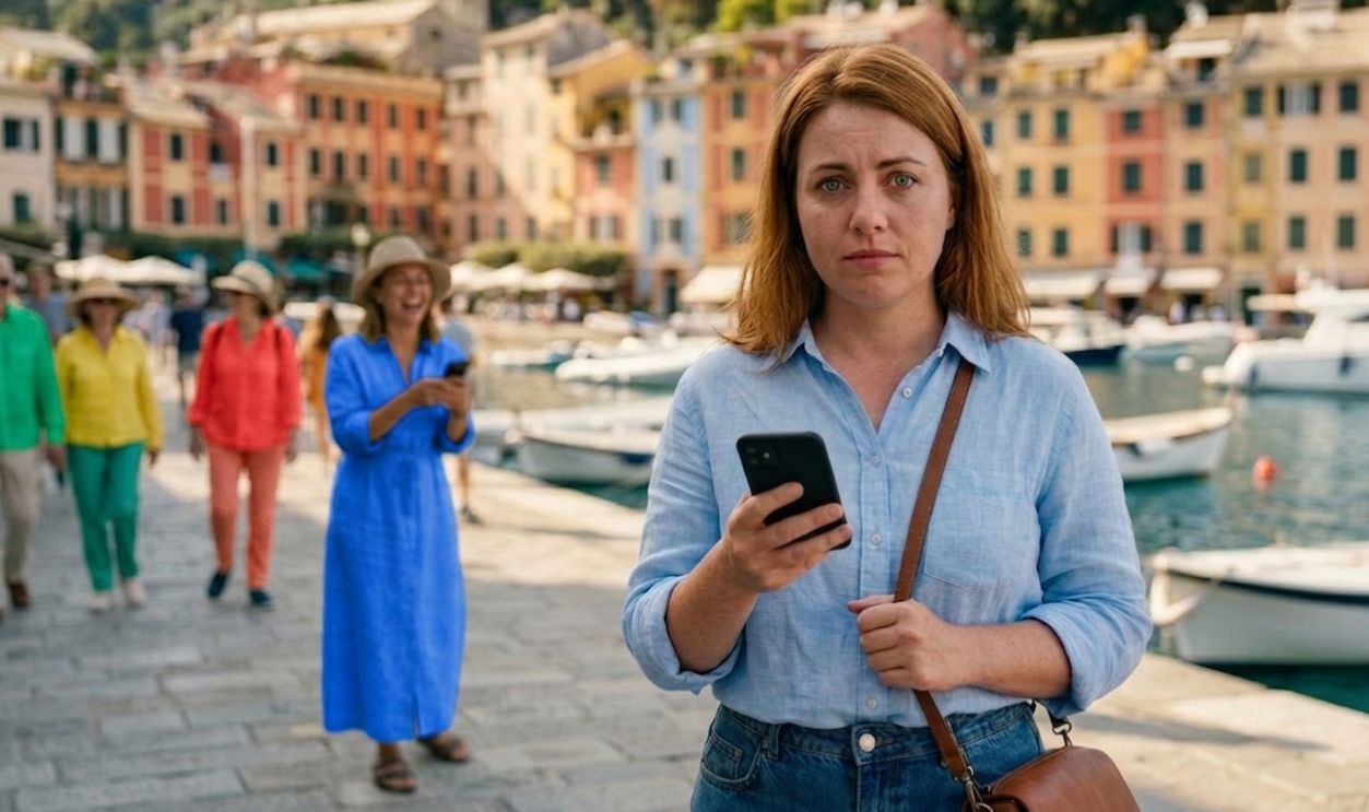 embarrassed and uncomfortable woman using phone on street packed with travellers