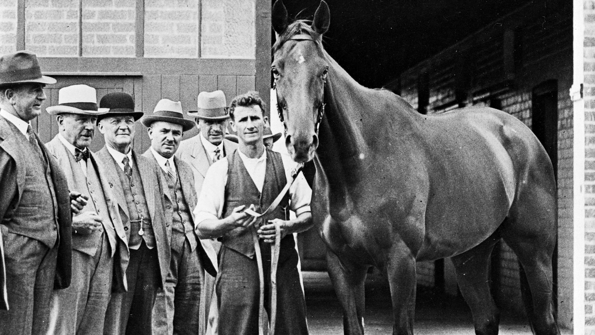 Racing horse Phar Lap at Trentham before his trip to the United States, with his attendant Tommy Woodcock. Standing nearby are, left to right, Rt Hon Joseph Gordon Coates, Oswald Stephen Watkins, David Jones, Brigadier James Hargest and Adam Hamilton.