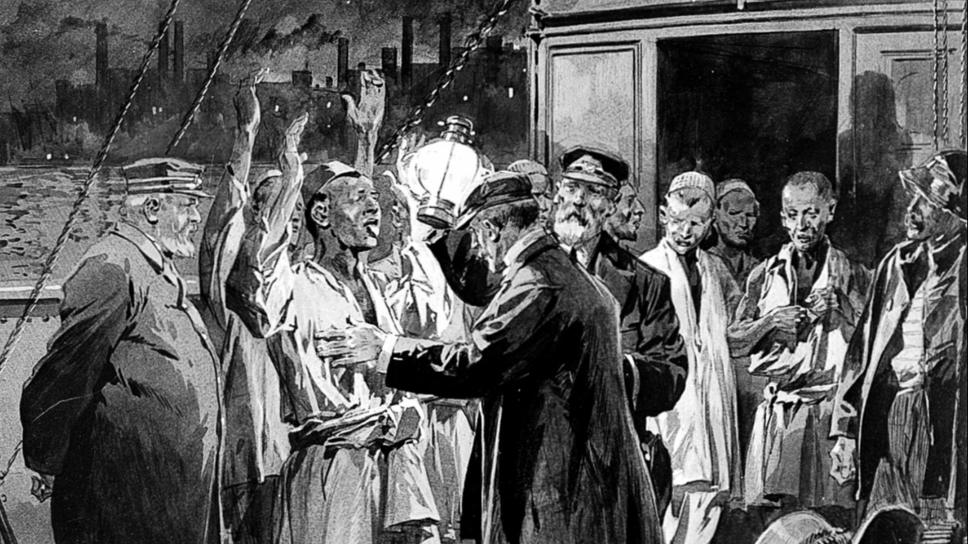 A medical officer examining a ship's crew for bubonic plague on arrival in the Thames. Watercolour drawing by F. de Haanen, 1905, after C.E. Eldred.
Iconographic Collections
Keywords: C.E. Eldred; F. van Haanen