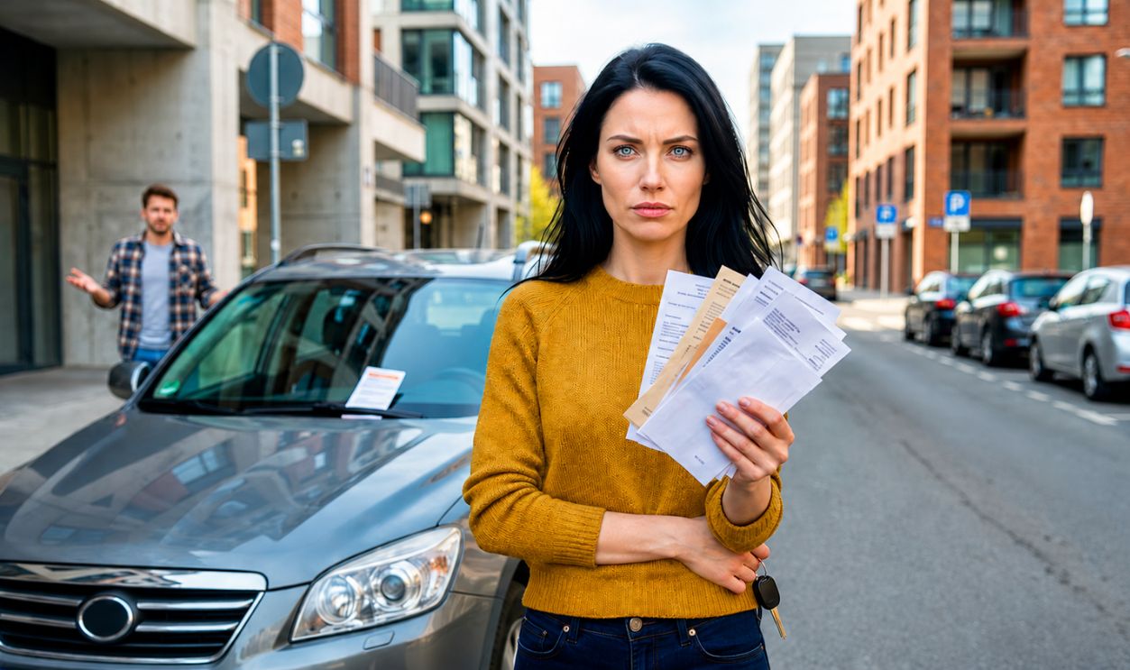 annoyed woman holding parking tickets, with the car and brother in background