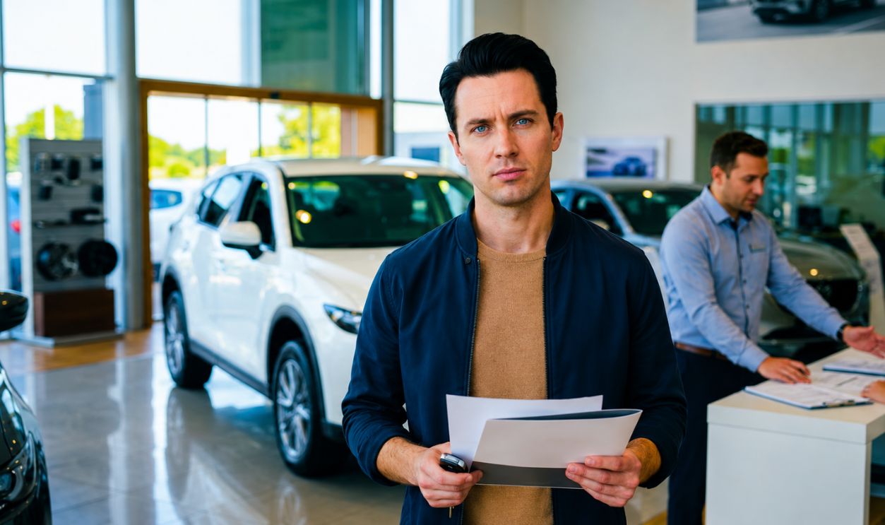 man in disbelief inside a dealership, holding documents