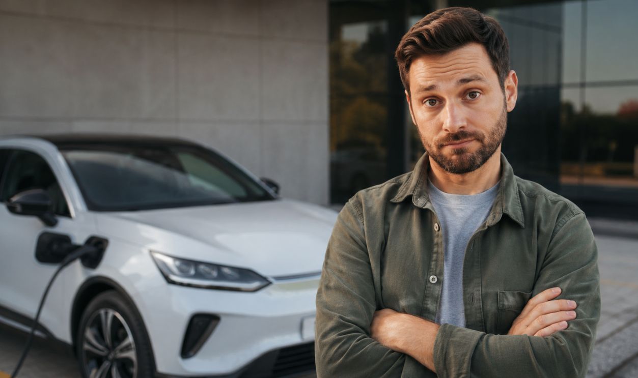 Skeptical look by the electric car