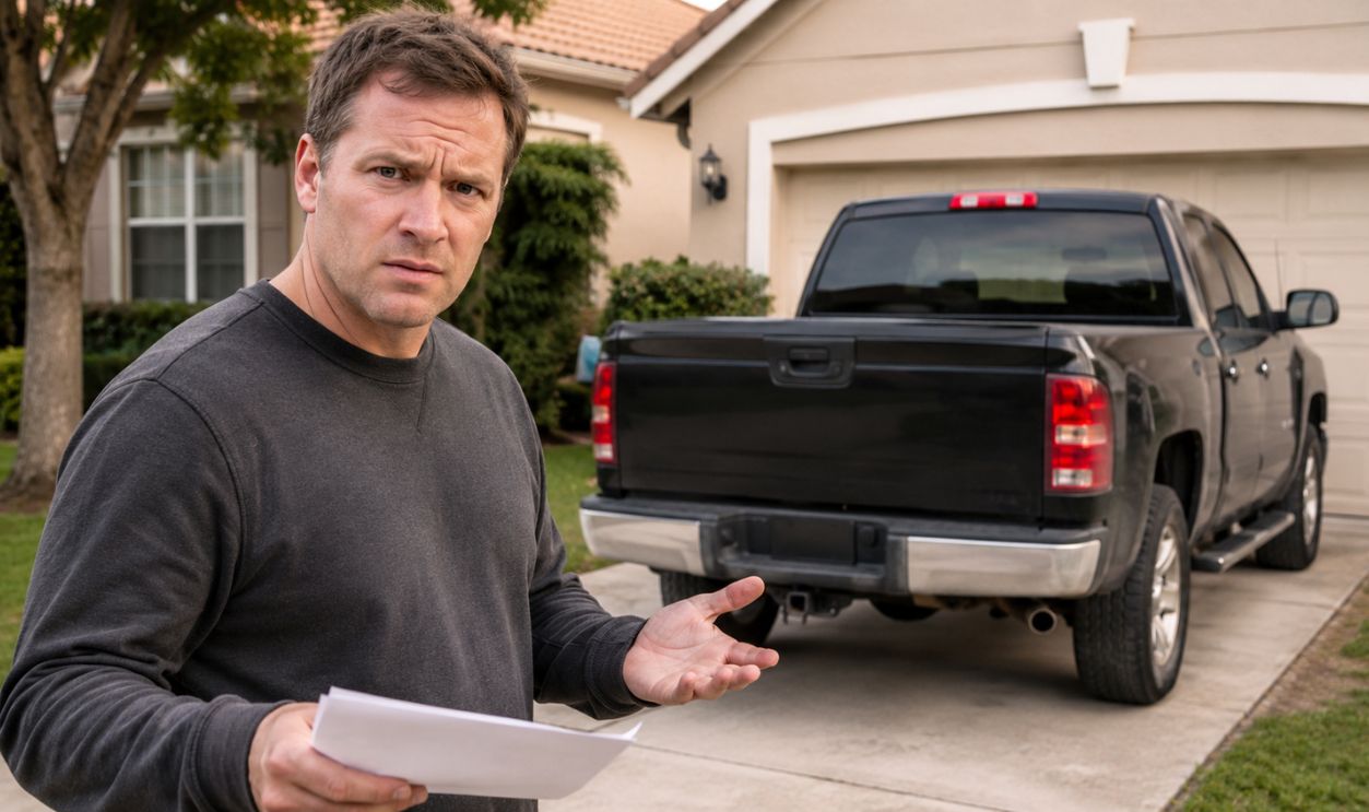 Confused man in suburban driveway