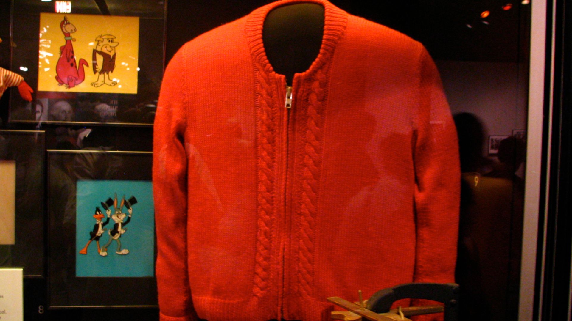 Hand-made sweater worn by Fred Rogers, on display in the Smithsonian Institution's Museum of American History. Fred Rogers' mother, Nancy Rogers, knitted all the sweaters he wore on the program.Mr. Rogers' sweater
