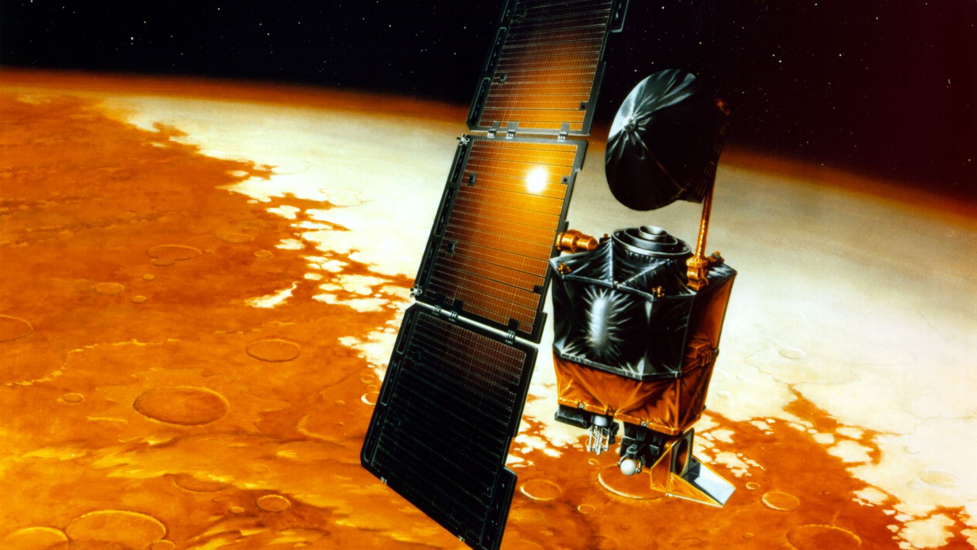 Artistic depiction of Mars Climate Orbiter in orbit around Mars.