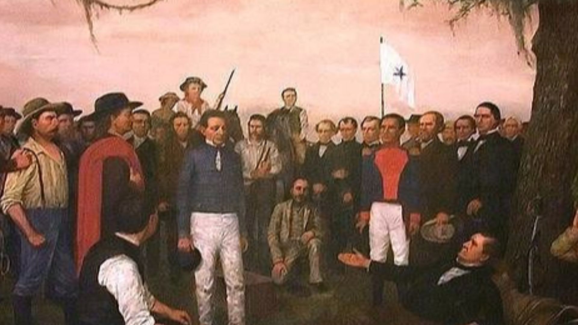 William Huddle's 1886 depiction of the end of the Texas Revolution shows Mexican General Santa Anna surrendering to the wounded Sam Houston after the Battle of San Jacinto in 1836. The Revolution lasted less than one year but resulted in a great loss of t