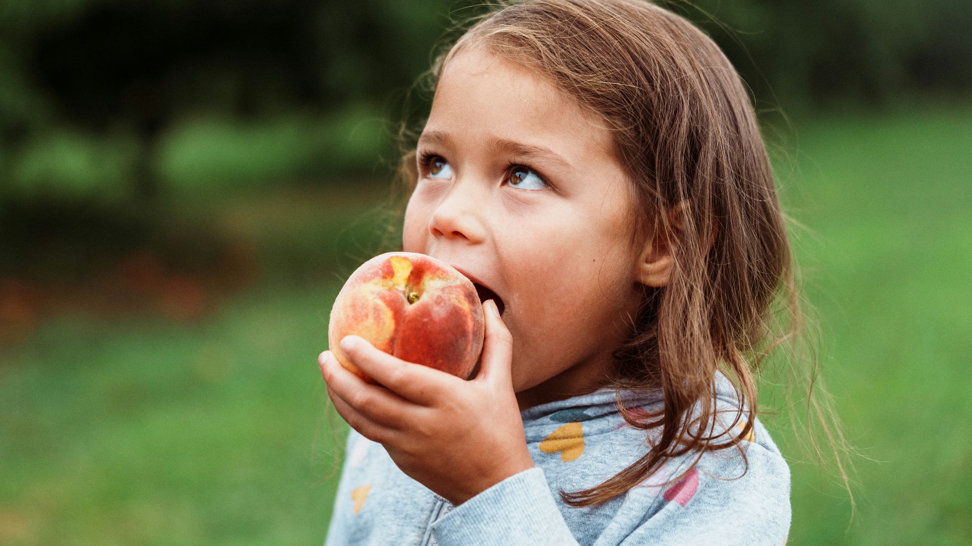 A young girl eating a fresh peach outdoors.