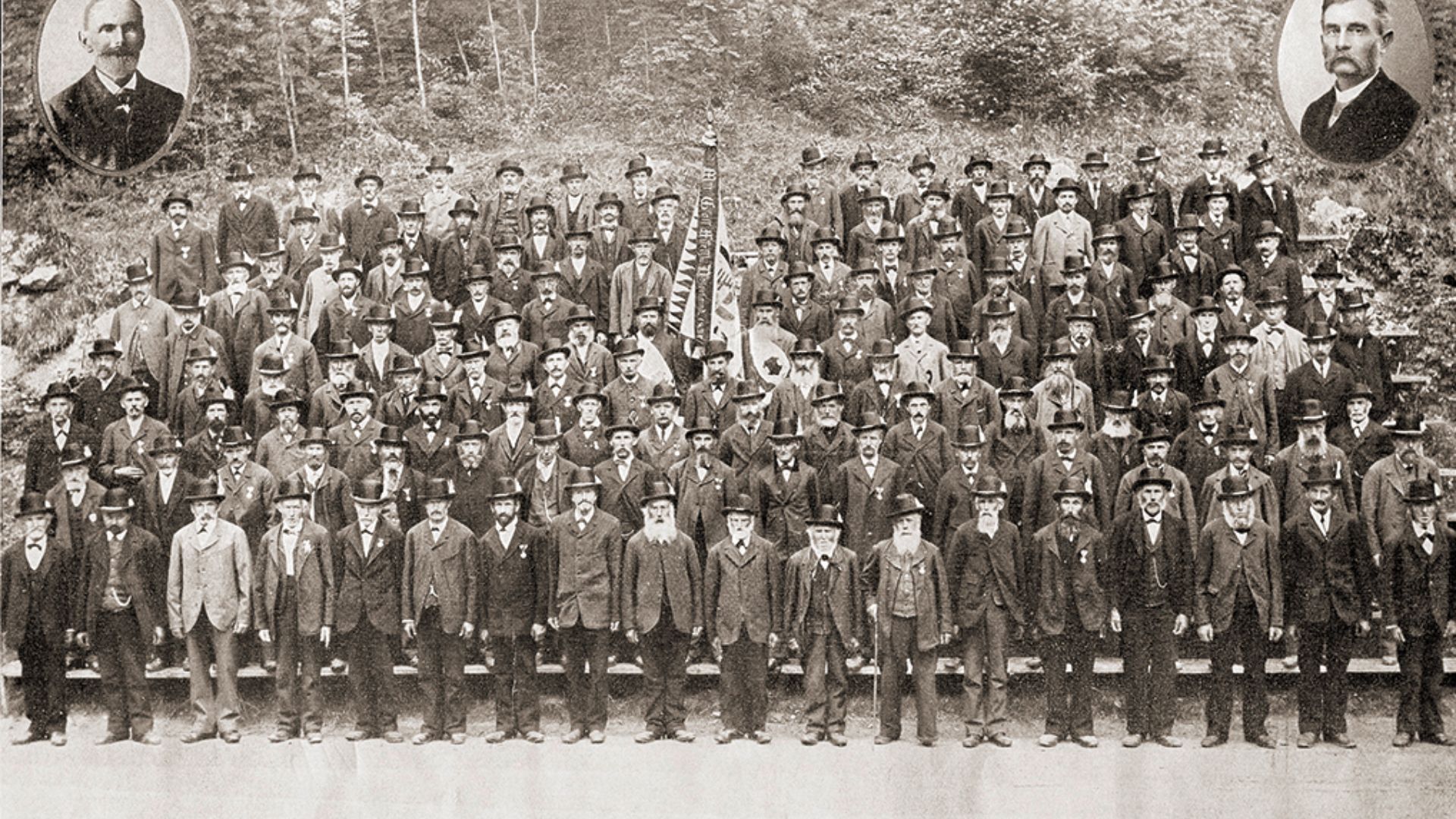 Liechtenstein Military Veterans Association Prince Johann von und zu Liechtenstein, 1896. In the medallion at the top left, Sergeant Andreas Walch, at the top right, Captain Peter Rheinberger. Walch was the first chairman of the association in 1893, whose