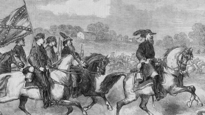 Confederate Major General James Ewell Brown "Jeb" Stuart commander of the Cavalry Corps, Army of Northern Virginia leads troops