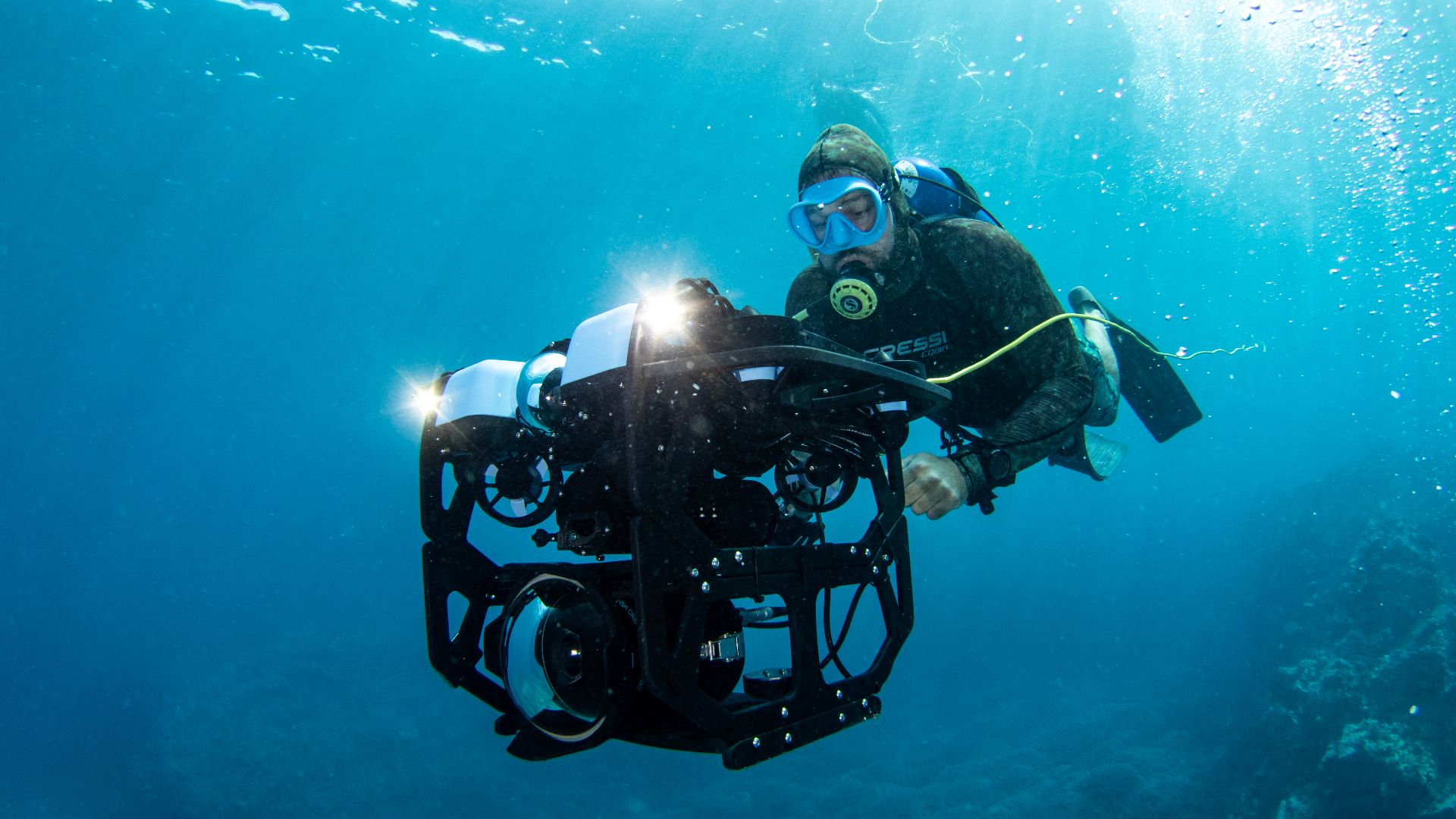 A BlueROV2 equipped with a Panasonic Lumix BGH1 4K Cinema Camera with a Lumix 7-14mm lens.