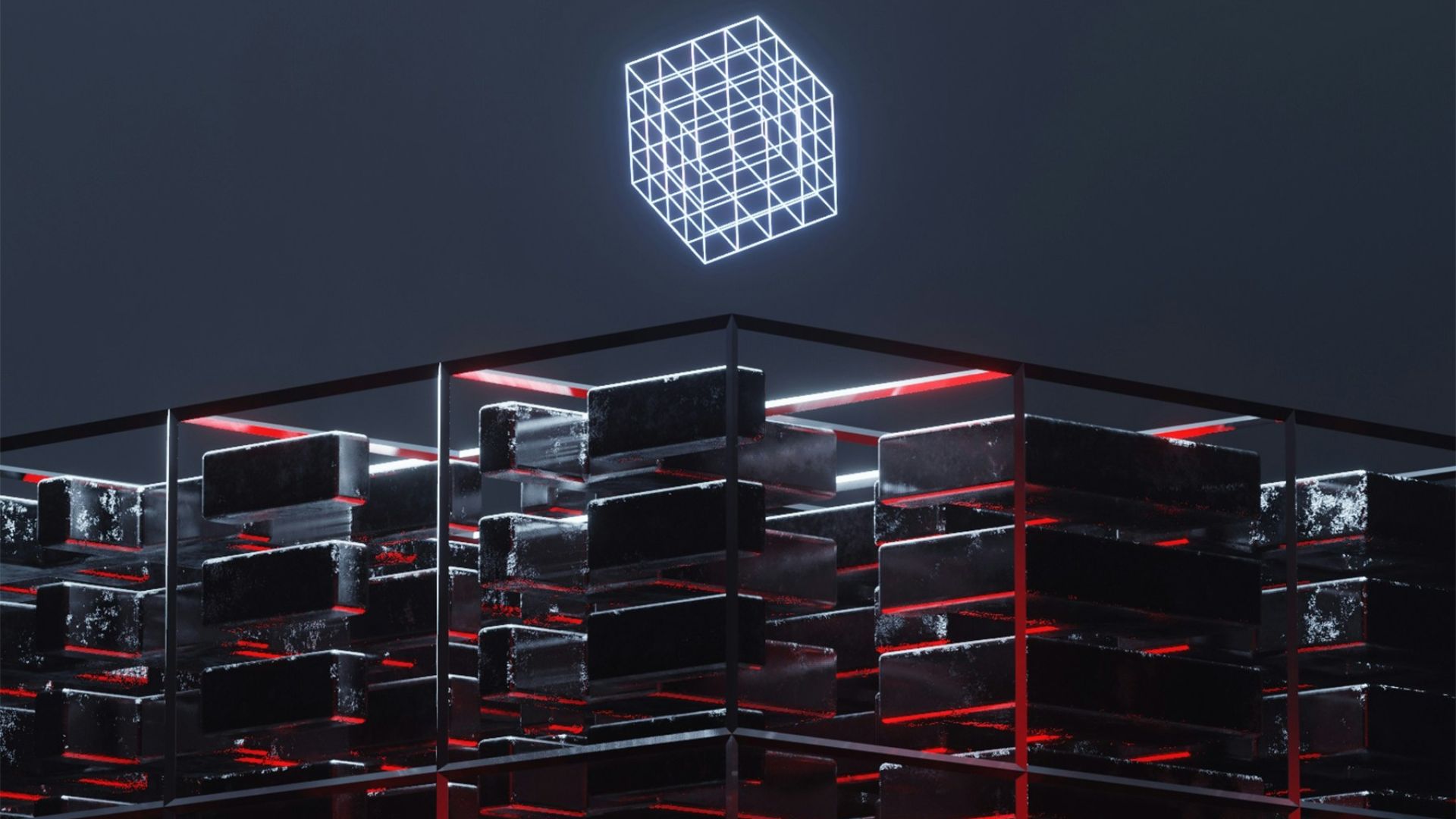 a tall building with a neon cube on top of it