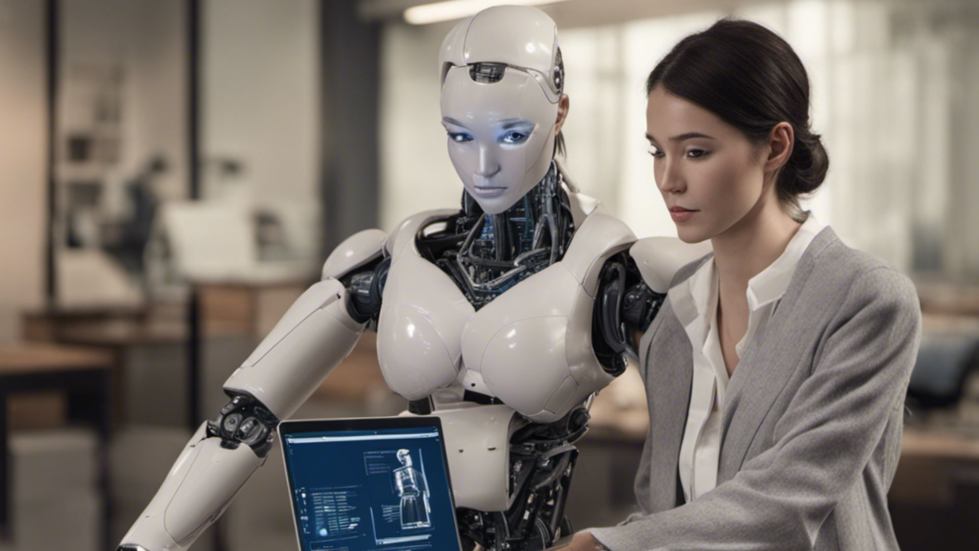 Ein humanoider Roboter und eine Frau rufen Informationen von einem Laptop ab. Das Bild ist AI generiert mit an den