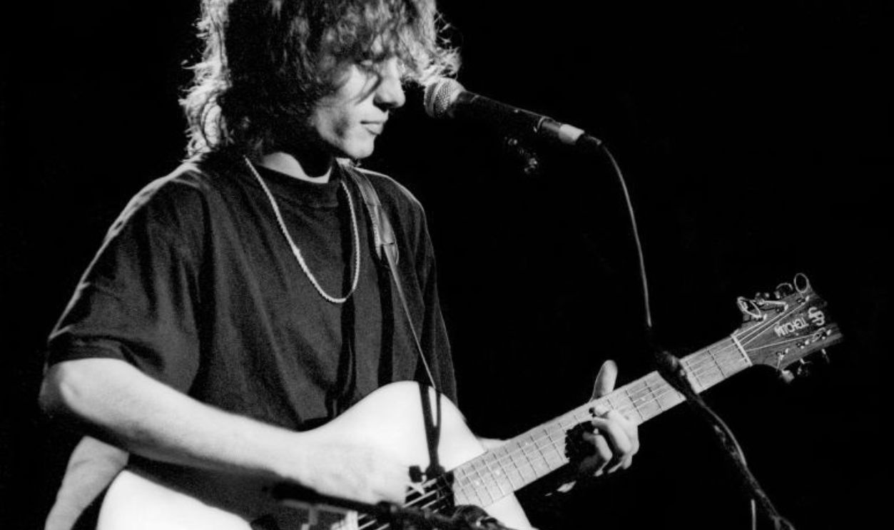American alt-and folk/rock musician and singer-songwriter Jeff Buckley (1966-1997) performs on guitar and vocals at the 'Greetings from Tim Buckley' concert, a tribute to his father, at Arts at St. Ann, St. Ann's Church, Brooklyn, New York, April 26, 1991.
