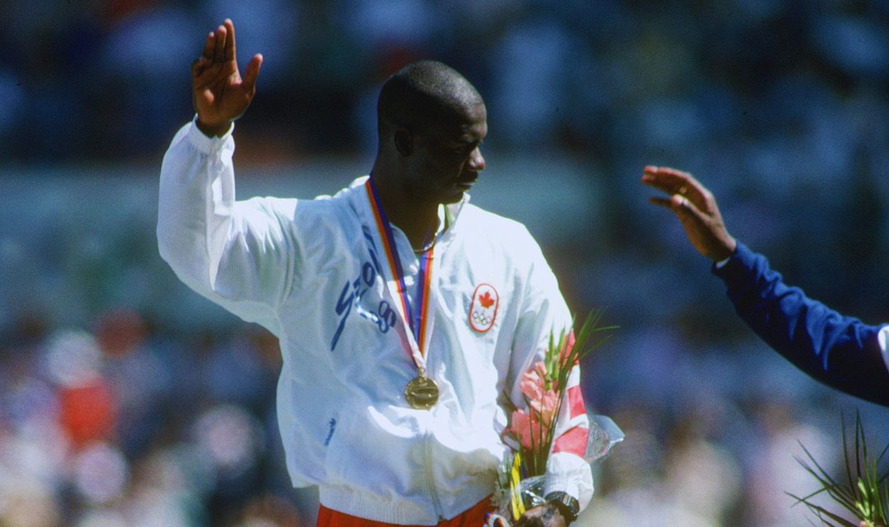 Gettyimages - 643754340, 1988 Summer Olympics - Games of the XXIV Olympiad SEOUL - CIRCA 1988: Ben Johnson #159 of Canada waves to the fans after a metal ceremony at the Games of the XXIV Olympiad in the 1988 Summer Olympics circa 1988 in Seoul, South Korea. Johnson was disqualified for the 100 meters.