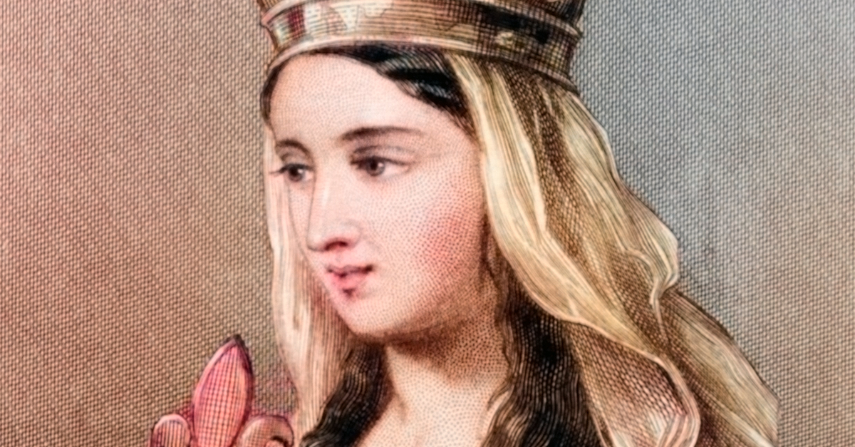 Engraved portrait of Empress Matilda of Flanders, wearing a crown and holding a scepter, circa 1100.